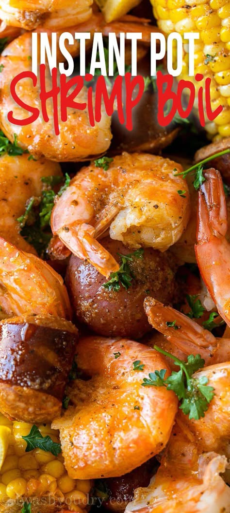 Instant Pot Shrimp Boil, Low Country Shrimp Boil, Instant Pot Shrimp, Cajun Boil, Shrimp Boil Recipe, Cooked Potatoes, Seasoned Butter, Potted Shrimp, Seafood Boil Recipes