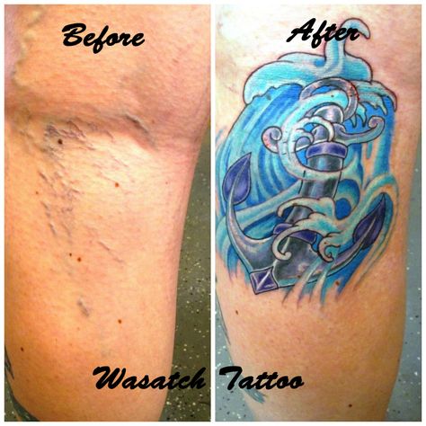 Varicose vein cover up tattoo by Lacey Megeath at Wasatch Tattoo Company Spider Vein Tattoo Cover Up, Ladies Leg Tattoos, Calve Tattoos, Scars Tattoo, Skin Color Tattoos, Army Tattoos, Awesome Tattoo, Tattoo Cover Up, Tattoo Cover