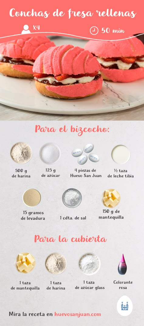 Descubre cómo preparar un #pan tradicional mexicano con esta #receta paso a paso de conchas de fresa rellenas de crema de nata. Consulta el procedimiento aquí: Keto Conchas Recipe, Filled Conchas, How To Make Conchas Pan Dulce, Mini Conchas Recipe, Strawberry Conchas, Pan Concha, Concha Recipe, Conchas Recipe, Conchas Pan