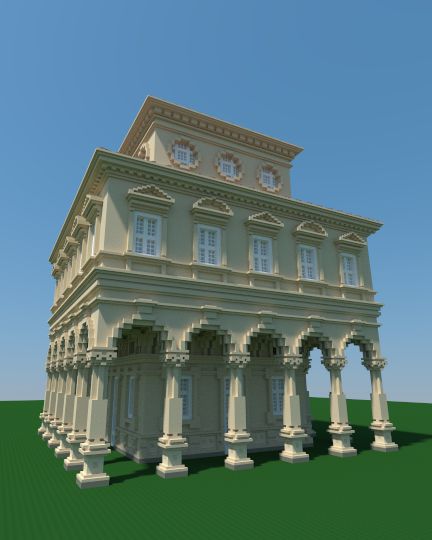 Minecraft Parisian House, Bridgerton Minecraft, Minecraft Historical Buildings, Minecraft Parisian Building, Minecraft Pavilion Ideas, Minecraft Grand Hall, Minecraft Guild Hall, Minecraft Pavilion, Minecraft Colloseum