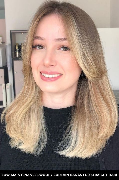 This sexy low-maintenance swoopy curtain bangs for straight hair if you need a fresh look! If you're ready for more, click here to see the 22 most requested curtain bangs for straight hair that will turn heads. // Photo Credit: @camarim__byjessikacosta on Instagram Pin Straight Hair, Fine Straight Hair, Straight Hair Cuts, Straight Blonde Hair, Bangs With Medium Hair, Short Straight Hair, Haircuts Straight Hair, Long Hair With Bangs, Short Hair With Bangs