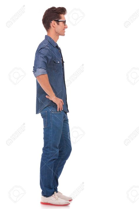 Standing Side View, Male Pose Reference, Hands On Hips, Standing Poses, Male Hands, Double Denim, Man Standing, Body Poses, Male Poses