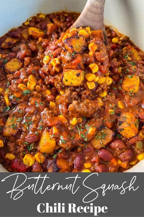 Chili With Squash, Butternut Chili Recipe, Stew With Butternut Squash, Butternut Chili, What To Eat With Butternut Squash, Recipes With Beef Sausage, Oven Squash Recipes, Delicata Squash Recipe Main Dishes, Squash Chili Recipe Crockpot