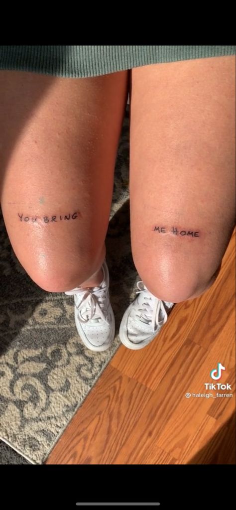 Word Patchwork Tattoo, Writing Above The Knee Tattoo, Quote Knee Tattoo, Women Tattoo Above Knee, Words On Knees Tattoo, Above Knee Script Tattoo, Word Knee Tattoos, Thigh Text Tattoo, Word Thigh Tattoo