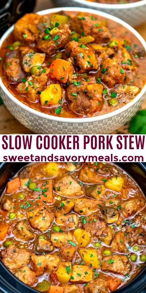 Slow Cooker Pork Stew - Sweet and Savory Meals Pork Stew Slow Cooker, Pork Stew Meat Recipes, Pork Stew Meat, Pork Stew Recipes, Slow Cooker Recipes Pork, Crockpot Stew, Stew Meat Recipes, Delicious Veggies, Pork Stew