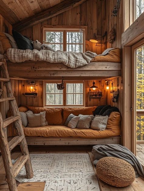 Cabin Daybed Ideas, Bunky Ideas Interiors, Bunkhouse Interior Ideas, Rustic Murphy Bed, Bunkie Ideas Interiors Guest Cabin, Bunk House Ideas, Bunkie Interior, Bunkhouse Ideas Guest Cabin, Cabin Loft Bed