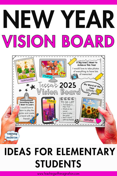 Looking for a meaningful way to kick off the New Year in your classroom? Try a vision board for students! This engaging activity helps kids set goals, reflect on their dreams, and stay motivated all year long. Perfect for New Year’s activities for kids, this blog post is packed with ideas and tips to guide you step-by-step. Learn how to create a vision board for kids with printable and digital options that make goal-setting fun and easy. Kids Resolutions Ideas, Vision Board Ideas Elementary, Back To School Vision Board For Kids, 2025 New Year Activities, Vision Board Kids Free Printable, New Years Goal Setting For Kids, Goals Activity For Kids, Kid Goals For New Year, Goal Setting Craft For Kids