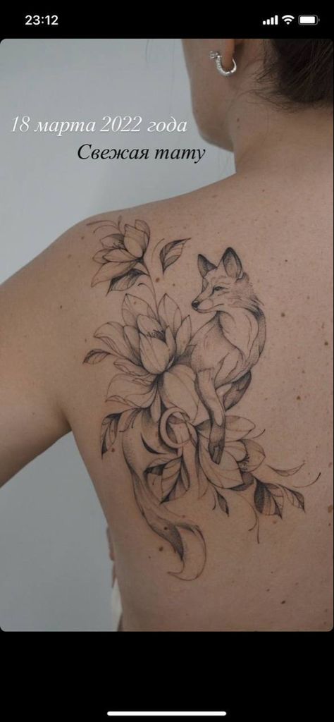 Fox And Flowers Drawing, Fox Fairy Tattoo, Fox Woman Tattoo, Fox Tattoo Flowers, Fox In Flowers Tattoo, Fox With Flowers Drawing, Fox And Cherry Blossom Tattoo, Fox Tattoo With Flowers, Fox Butterfly Tattoo