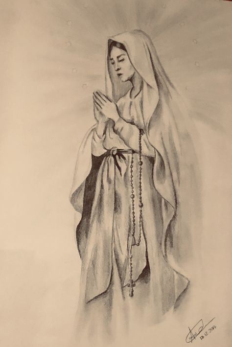 Mother Mary Drawing Pencil, Mother Mary Drawing Easy, Holy Mary Drawing, Mother Mary Sketch, Mama Mary Drawing, Simple Jesus Drawing, Mother Mary Drawing, Catholic Drawings, Virgin Mary Drawing