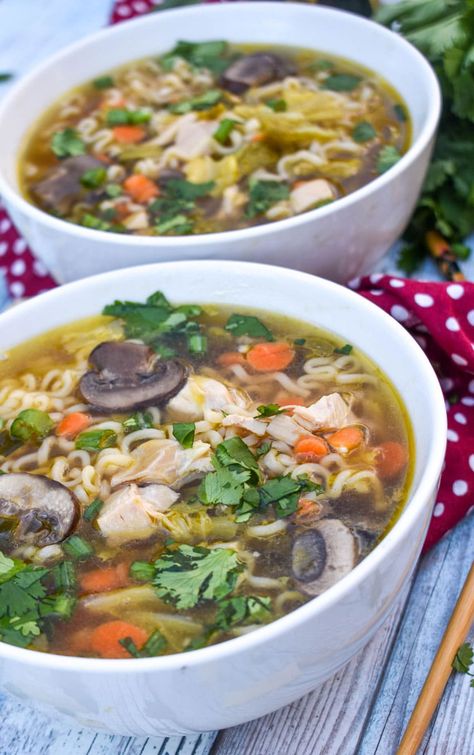 Asian Chicken Noodle Soup Asian Chicken Soup Noodle, Asian Chicken Noodle Soup Recipe, Chicken Soup With Rice Noodles, Chicken Salad With Ramen Noodles, Chicken Veg Soup, Chicken Carcass Soup, Salad With Ramen Noodles, Chinese Chicken Soup, Soup With Rice Noodles