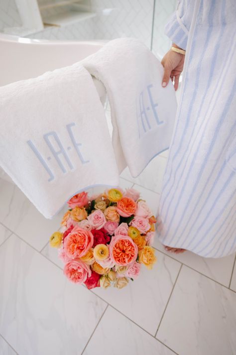 Where to buy the cutest monogram towels for your bathroom | Rhyme  Reason Monogramed Towels In Bathroom, Monogram Hand Towels Bathroom, Monogram Towels For College, Monogram Towels In Bathroom, Bathroom Mirror Inspiration, Monogrammed Towels, College Bathroom, Monogrammed Bath Towels, Monogrammed Hand Towels