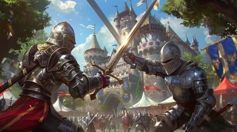 Two Knights Fighting with Swords at Knightly Tournament Knights Tournament, Knight Tournament, Two Knights, Castle Backdrop, Inspirational Digital Art, First Knight, Ya Fantasy, Knight Armor, The Wing