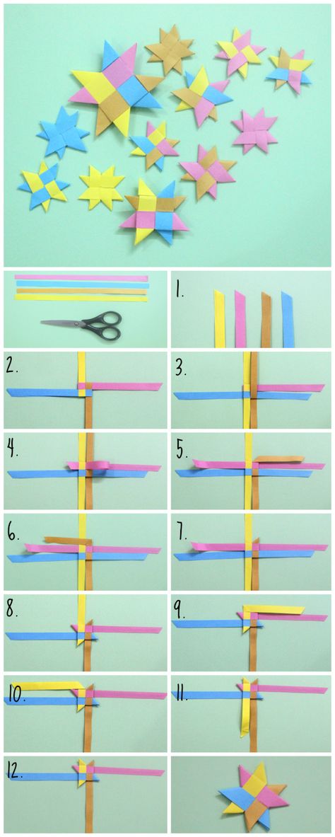 thecraftables: DIY: How to make Woven Stars Here are the written steps on how to make a woven star: Take 4 strips of paper (3 by 56 cms) and fold each in half, cut the top of each of them in a slant. Place the pink strip sideways. Fold the orange over the red one, pointing down. Fold blue over green. Fold yellow over blue. Tuck yellow inside the red one. Push the strips together to make a square. Fold one side of each strip back over the square in this order: yellow, blue and orange. Weave ... Origami Stella, Tutorial Origami, Folding Origami, Origami Folding, How To Make Origami, Useful Origami, Origami Box, Origami Design, Navidad Diy