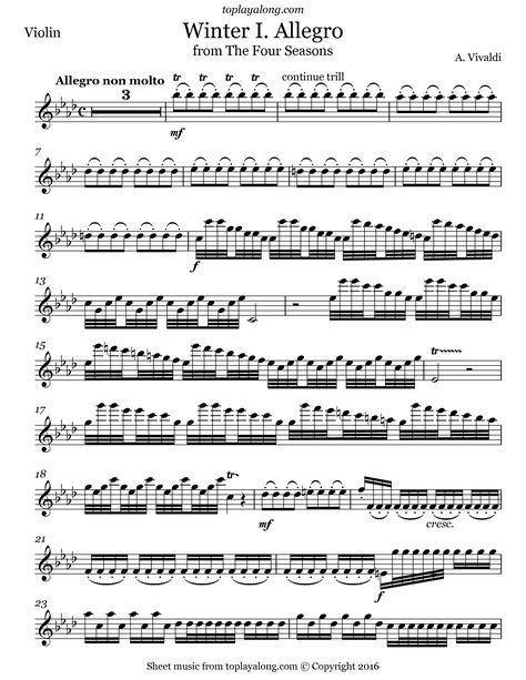 Winter (I. Allegro) from The Four Seasons by Vivaldi. Free sheet music for violin. Visit toplayalong.com and get access to hundreds of scores for violin with backing tracks to playalong. Summer Vivaldi Violin Sheet Music, Vivaldi Winter Violin, The Four Seasons Vivaldi, Vivaldi Four Seasons, Free Flute Sheet Music, Vivaldi Winter, Free Violin Sheet Music, Cello Sheet Music, Classical Sheet Music