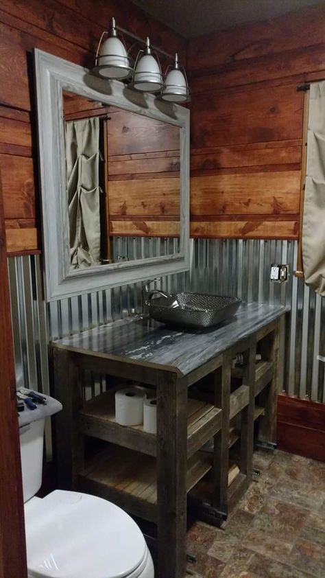 Our bathroom turned out great! Pine walls with corrugated metal! And vanity out of pallet Barn Bathroom, Sink Mirror, Cabin Bathrooms, Rustic Bathroom Designs, Decor Baie, Rustic Storage, Rustic Bathrooms, Basement Bathroom, Bad Design