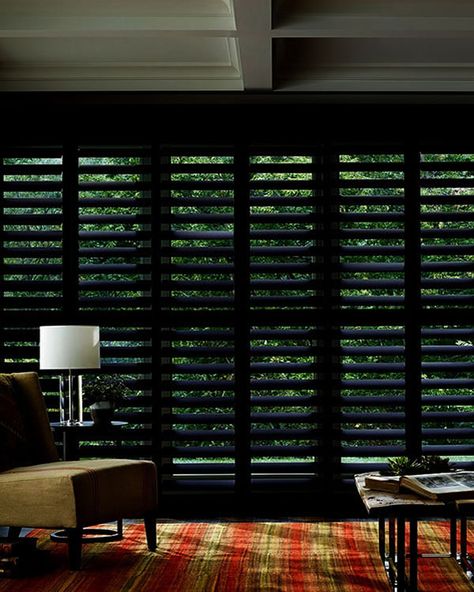 Premium Black Real Wood Shutter - Blinds UK Industrial Windows, Black Shutters, Shutter Blinds, Wood Shutters, Dark Interiors, Dark Room, Blinds For Windows, Interior Design Trends, Real Wood