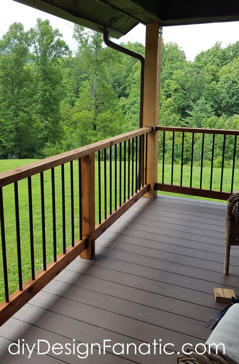 replace an old deck, Deckorators, deck, composite decking, porch, fastendry, mountain cottage, cottage style, deck, porch, deck rails Farm Deck Ideas, Country Deck Railing Ideas, Black Spindles Wood Railing Deck, Rustic Balcony Railing, Small Deck Railing Ideas, Composite Deck With Wood Railing, Cabin Deck Railing Ideas, Rustic Deck Railing Ideas, Rebar Railing Porch