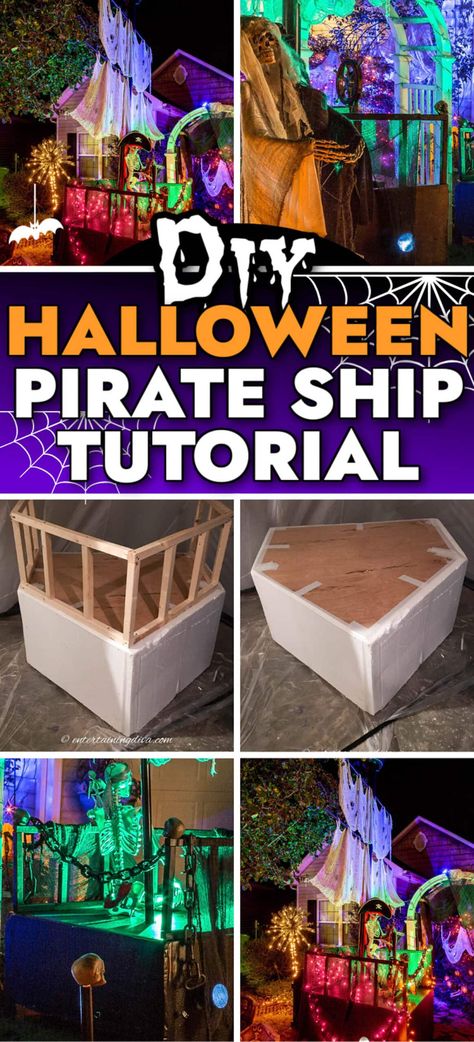 DIY Halloween Pirate Ship Tutorial Diy Halloween Pirate Ship, Pirate Ship Prop, Pirate Decorations Diy, Pirate Ship Halloween, Halloween Pirate Ship, Diy Pirate Ship, Haunted Pirate Ship, Pirate Props, Diy Pirate