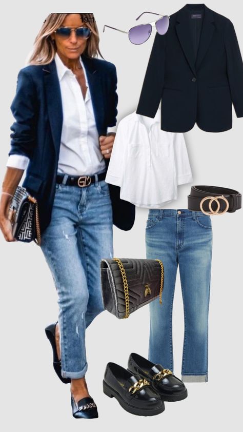 #myfirstshuffle Business Casual Blue Jeans, Penny Loafer Outfits Women Fall, Early Fall Jeans Outfits, Blazer And Tee Shirt Outfit Women, Edgy Fashion For Over 50, Outfits With Denim Vests For Women, J Crew Lady Jacket Outfit, Fall Styles For Women Over 40, Snappy Casual Outfits For Women