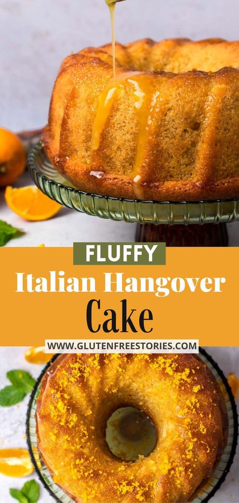 Italian Hangover Cake on a cake stand with a boozy drizzle. Hangover Cake, Italian Sponge Cake, Orange Sponge Cake, Orange Pound Cake, Desserts Around The World, Sticky Buns Recipes, Dairy Free Brownies, Most Popular Desserts, Italian Cake