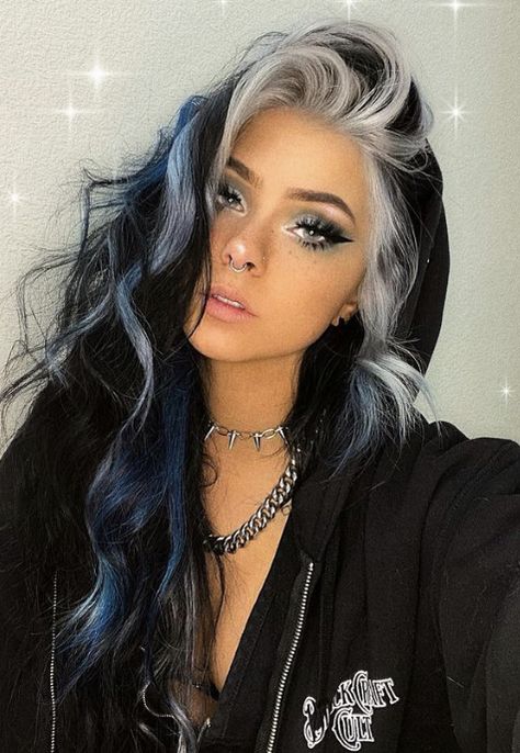 Trendy Hairstyles For Long Hair 2023, Hip Crease Tattoos Women, Blonde And Purple Money Piece, Three Color Hair Dye Ideas, Hair Color For 40's For Women, Dark And Silver Hair, Dark Multi Colored Hair, Hot Hair Colors For 2023, Blue Black And Blonde Hair