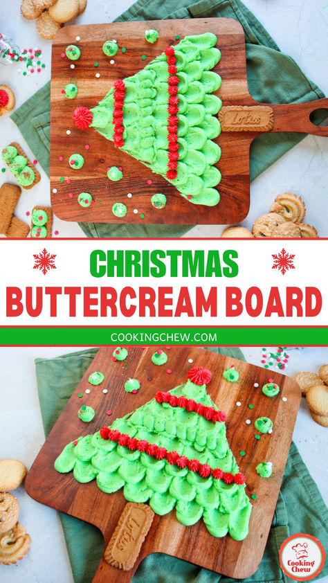 Christmas Buttercream Board decorated with green frosting and festive accents. Buttercream Boards Christmas, Christmas Frosting Board, Christmas Buttercream Board, Buttercream Charcuterie Board, Buttercream Board Ideas, Icing Board, Buttercream Boards, Buttercream Christmas Tree, Frosting Board