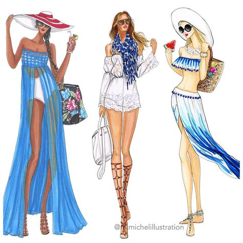 Summer Blues, Fashion Artist, Tropical Girl, Vintage Overalls, Fashion Drawing Sketches, Fashion Illustration Dresses, Beachwear Fashion, Fashion Figures, Fashion Design Sketches