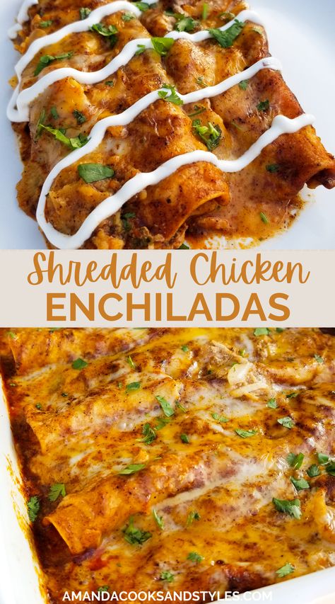 Shredded Chicken Enchiladas – Shredded salsa chicken wrapped in tortillas with jack and cheddar cheeses smothered in red enchilada sauce baked to perfection! How To Make Enchiladas Shredded Chicken, Shredded Salsa Chicken, Homemade Corn Salsa, Homemade Chicken Enchiladas, Red Chicken Enchiladas, Best Chicken Enchiladas, Shredded Chicken Enchiladas, Enchiladas Chicken, Supper Tonight