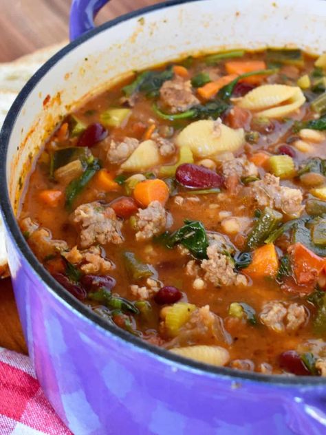 Minestrone Soup Recipe With Sausage, Minestrone Soup With Sausage, Soup Recipe With Sausage, Beef Minestrone Soup, Sausage Italian, Recipe With Sausage, Italian Soups, Soup With Sausage, Italian Main Dishes