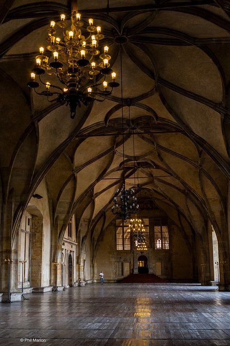 Prague Castle, Czech Republic photo by Phil Marion Prague Castle Interior, Tower Aesthetic Castle, Prague Castle Czech Republic, German Castle Interior, Castle Entrance Hall, Castle Ceiling, Medieval Castle Interior, Castle Hall, Castle Entrance