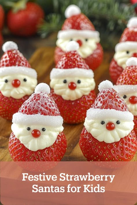 Strawberries turned into adorable Santas, a festive and easy kids' Christmas party snack for school or daycare. Christmas Snack Tray For Kids, Kid Christmas Party Food Ideas, Christmas Tree Snacks For Kids, Christmas Desserts Kids Can Make, Christmas Birthday Food Ideas, Christmas Kids Food Crafts, Healthy Christmas Snacks For Kids School, Christmas Party Snacks Easy, Cute Christmas Fruit Ideas