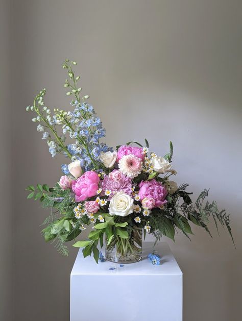 Peonies, daisies, camomile, Veronica, pumlosa, delphinium, roses, peony tulips, mum Peonies And Daisy Bouquet, Peony Daisy Bouquet, Pink Daisy Flower Arrangements, Rose And Tulip Arrangement Vase, Pink Peony Arrangement, Good Shabbos, Spring Arrangements, Peony Rose, Vase Arrangements