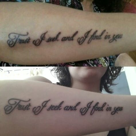 My daughter and I both have this #Metallica #tattoo on our arms. It reads "Trust I seek and I find in you." It is a line from the song "Nothing Else Matters #tattoo done by ricky #skinartutrecht It Matters Where You Are Tattoo, Metallica Inspired Tattoo, Nothing Else Matters Tattoo Metallica, Metallica Lyrics Tattoo, Metallica Tattoo Women, Matching Lyric Tattoos, Nothing Else Matters Tattoo, Metallica Tattoo Ideas, Nothing Else Matters Metallica