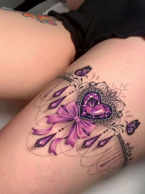 Kawaii Leg Tattoo, Womens Lower Back Tattoos, Bejeweled Tattoo, Thigh Butterfly Tattoo, Lace Thigh Tattoos, Thigh Garter Tattoo, Purple Butterfly Tattoo, Garter Tattoo, Catrina Tattoo