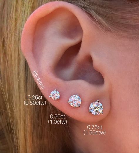 3 Diamond Earrings Studs, 1 Carat Diamond Earrings Studs, Diamond Piercing Ear, Diamond Stud Earrings On Ear, Diamond Stud Earrings On Ear Size, Diamond Ear Piercings, 1 Carat Diamond Earrings, 3 Ear Piercings, Double Ear Piercings