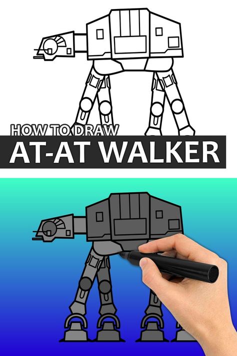 Atat Star Wars Drawing, At At Walker Drawing, Step By Step Drawing Star Wars, At At Star Wars Drawing, How To Draw Star Wars Characters, Star Wars Doodles Easy, How To Draw Star Wars, Star Wars Drawings Easy, Walker Star Wars