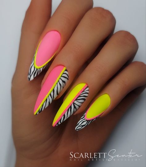 Bright Zebra Print Nails, Bright Animal Print Nails, Neon Zebra Nails, Festival Nails Coachella, Neon Animal Print Nails, Cheetah Nail Designs, Neon Nail Art, Funky Nail Art, Summer Nail Designs