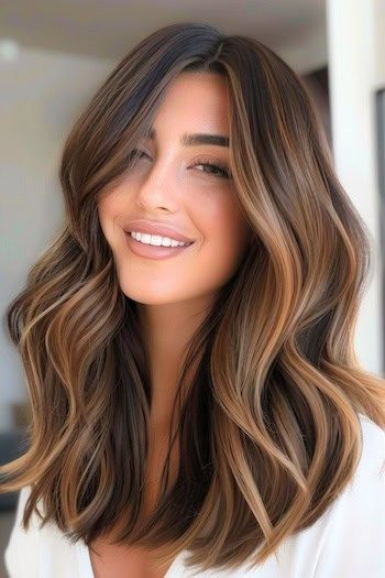 Lob Brown Balayage, Caramel Balayage With Curtain Bangs, Balayage For Pale Skin Brunettes, Hair Color Ideas For Brunettes Pale Skin, Light Brown Highlighted Hair, Light Brown Fall Hair, 2024 Long Hair Trends For Women, Brunette Balayage Hair Dark, Brunette Ombre Balayage