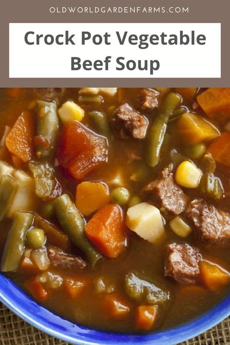 Chunks of beef cooked in a tomato-based sauce with both fresh and frozen vegetables equal one delicious and hearty dinner! And the best part is that you don't have to stand over a hot stove for hours on end while this Vegetable Beef Soup simmers since you can let your crockpot do the cooking for you with this recipe! Best Beef Vegetable Soup Crock Pot, Homemade Vegetable Beef Soup With Stew Meat, Beef Vegetable Soup Crock Pot Easy, Beef Soup Bone Recipes Crock Pots, Simple Beef Soup Recipes, Crock Pot Vegetable Beef Soup, Veg Beef Soup, Camp Soup, Roast Soup