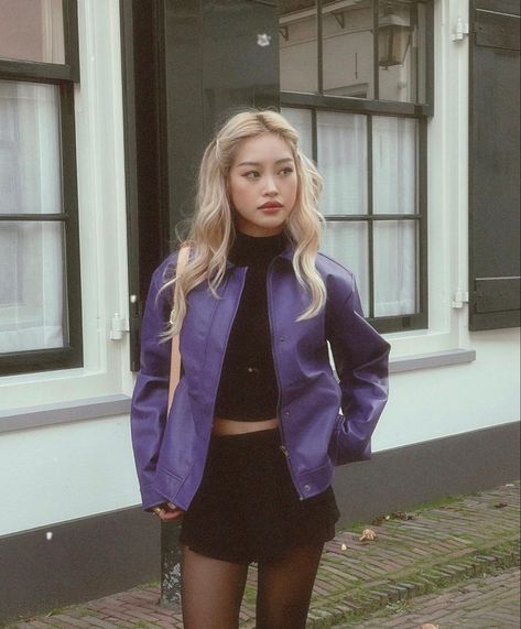 Purple Leather Jacket, Purple Outfits, Spring Trends, Looks Vintage, Aesthetic Outfits, Outfits Aesthetic, Asian Fashion, Look Fashion, Jacket Outfits