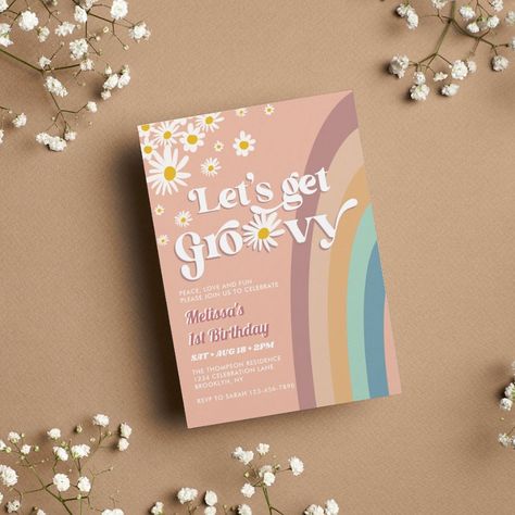 Retro Let's Groovy Daisy Rainbow Any Age Birthday Invitation  Zazzle Groovy Birthday Invitation, Boho 1st Birthday, Groovy Daisy, 92nd Birthday, Groovy Birthday, Rainbow Birthday Invitations, Retro Birthday, Party Places, Retro Rainbow