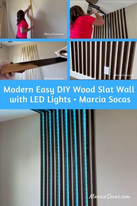 Light up your space in a new, modern way with this easy DIY wood slat wall. With LED lights tucked in between the wood slats, it's a simple and cost effective way to take your living space to the next level. And don't worry if you don't have the skills to build a complex wall display - this one is designed to be easy enough for anyone to tackle. Backlit Slat Wall, Diy Wood Slat Wall With Shelves, Slat Wall With Led Lights, Wood Slat Wall With Lights, Faux Slat Wall, Accent Wall With Led Lights, Slat Wall With Lights, Led Accent Wall, Wood Home Decor Ideas