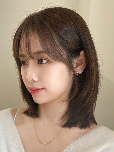 Korean fall hair color: ash brown layered lob Short Hair Korean Style Layer With Bangs, Korean Medium Haircut With Bangs Round Face, Short Hair With Layers Korean, Wolfcut For Round Face, Short Hair Korean Style Round Face, Korean Bangs Hairstyle Round Face, Mid Length Hair With Bangs Round Face, Korean Mid Length Hair, Mid Hair Length Styles