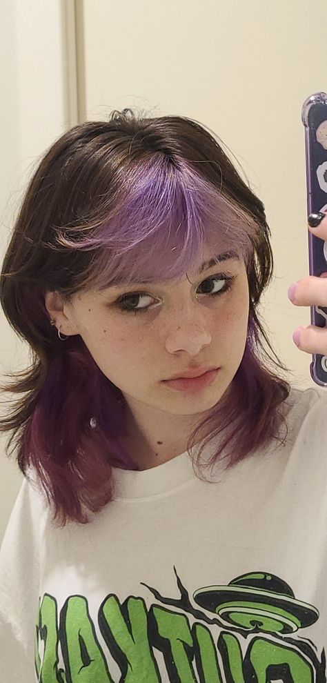 Purple And Brown Hair Aesthetic, Short Wolfcut Dyed Hair, Hair Dye Shoulder Length, Short Hairstyles Dyed Hair, Wolfcut Purple Highlights, Underdye Hair Color Ideas, Colored Face Framing Hair, Short Brown Hair Dye Ideas, Dyed Bangs Purple