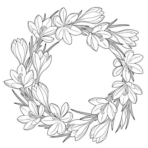 Wreafh with spring flowers crocuses | Premium Vector #Freepik #vector #flower-frame #flower-coloring #flower-ornament #cartoon-frame Spring Drawing, Welcome Flowers, Spring Flower Wreath, Crocus Flower, Wood Carving Designs, Bead Embroidery Patterns, Vintage Junk Journal, Cute Coloring Pages, Art And Illustration