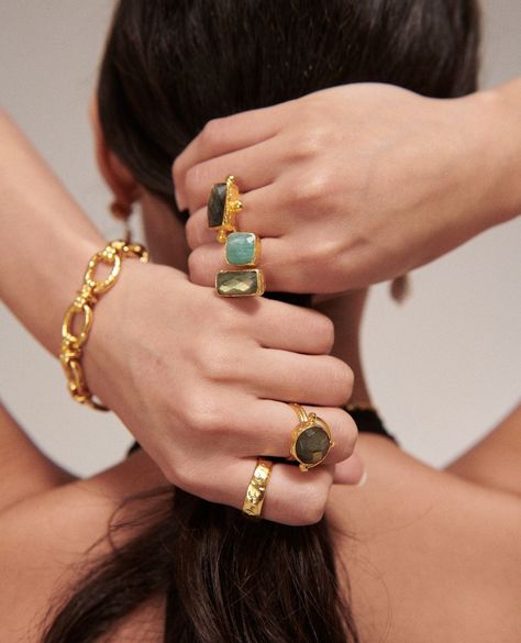 aureo ~ our new jewellery collection crafted with recycled metals and semi-precious gemstones, representing the Italian terra and sky.⁠ ⁠ Refresh your ring stack now at ottomanhands.com Rings Photoshoot, Ring Photoshoot, Precious Stones Rings, Ring Stack, Forever Jewelry, Aqua Chalcedony, Knot Ring, Glass Pendant Necklace, Jewelry Ring Box