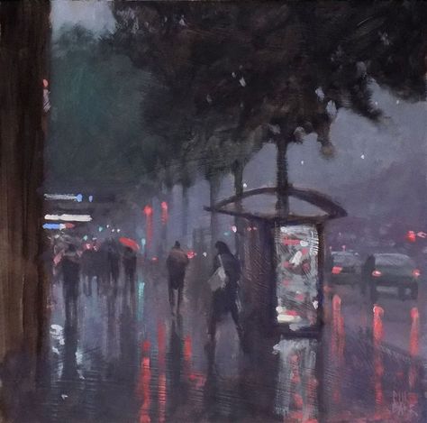 Bus Stop - King William Street 30x30cm oil on board - Mike Barr Collage And Painting, Rainy Street, City Pics, Rain Painting, King William, Deep Art, Walking In The Rain, Dark Pictures, Grunge Art