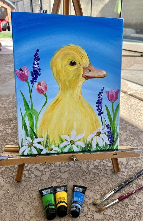 Spring Duckling - Acrylic Painting Tutorial Ilse Crawford, Fashion Motivation, Easter Canvas, Nature Lifestyle, Easter Paintings, Baby Duck, Glasgow School, Cute Canvas Paintings, Blue Sky Background