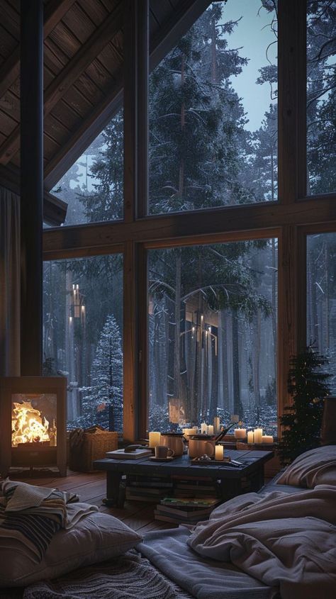 Mountain Home Aesthetic, Winter Cabin Aesthetic Interior, Cabin In The Woods Aesthetic Dark Interior, Winter Cabin Mansion, Winter Cabin Aesthetic Exterior, Snowy Bedroom View, Mountain Dream Homes, Winter Cabin, Window View