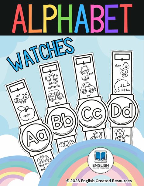 Alphabet Watches Alphabet Watches Free Printable, Vowels Activities Preschool, Vowels Craft, Alphabet Sound Activities, Vowels Worksheet, English Created Resources, Letter E Craft, Free English Worksheets, Alphabet Crafts Preschool